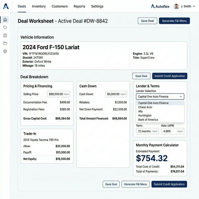 Deal structuring and payment calculator interface